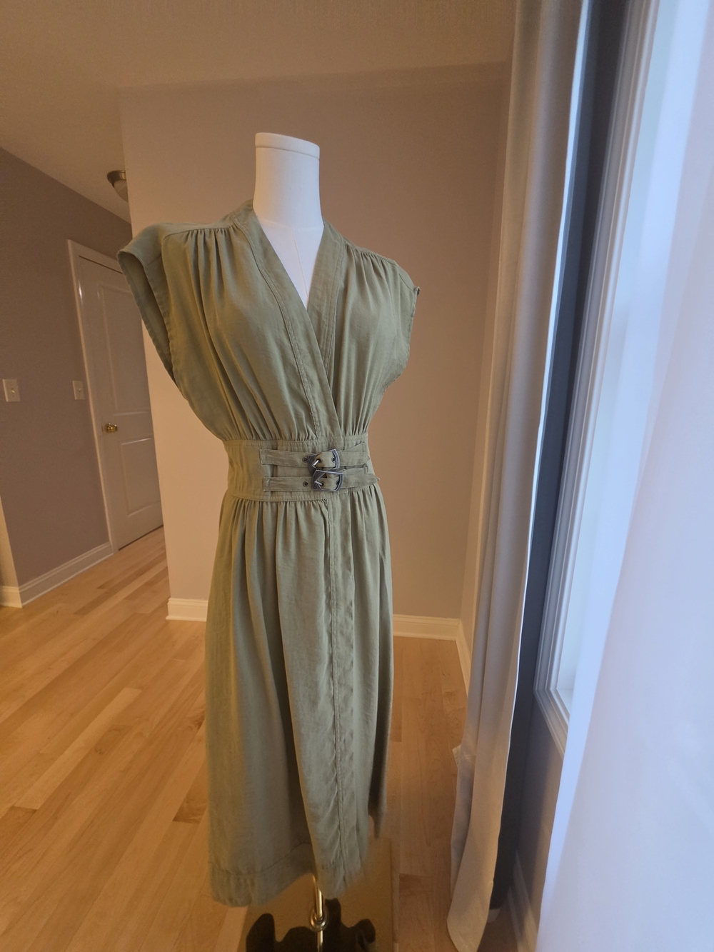 ba&sh Olive Green V-Neck Midi Dress with Double-Buckle Waist
